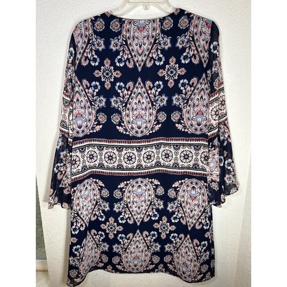 Vince Camuto Dress 10 Shift Tassels Bell Sleeves Navy Blue Pink Floral Boho - Picture 2 of 11